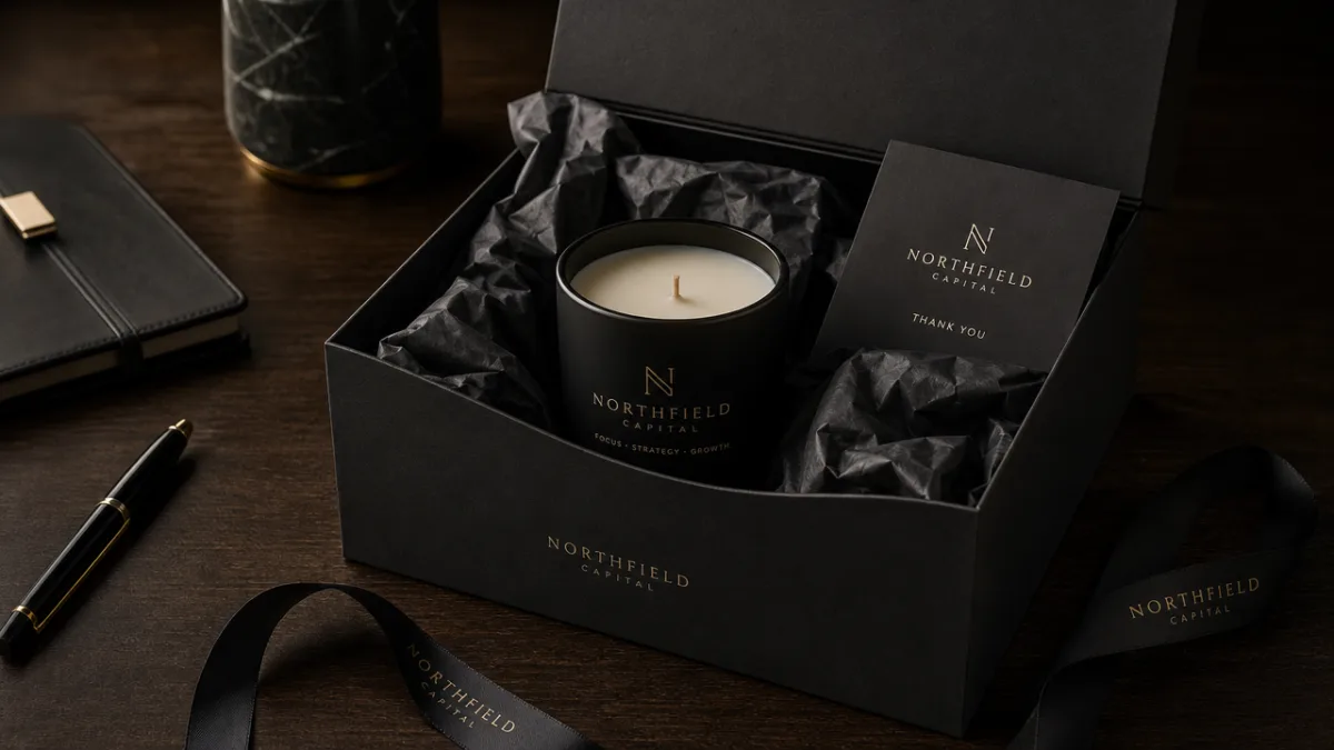 a luxury corporate gift box with a branded soy candle, tissue paper,…