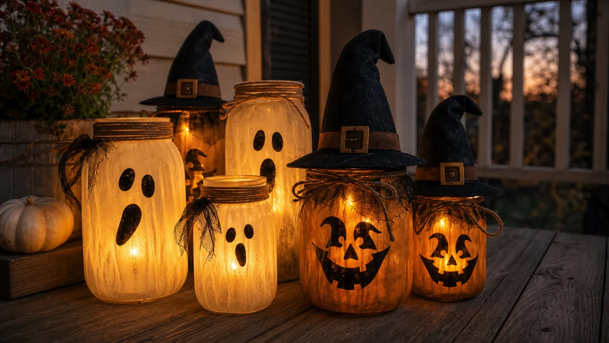 a cluster of glowing ghost and witch mason jar lanterns on a…