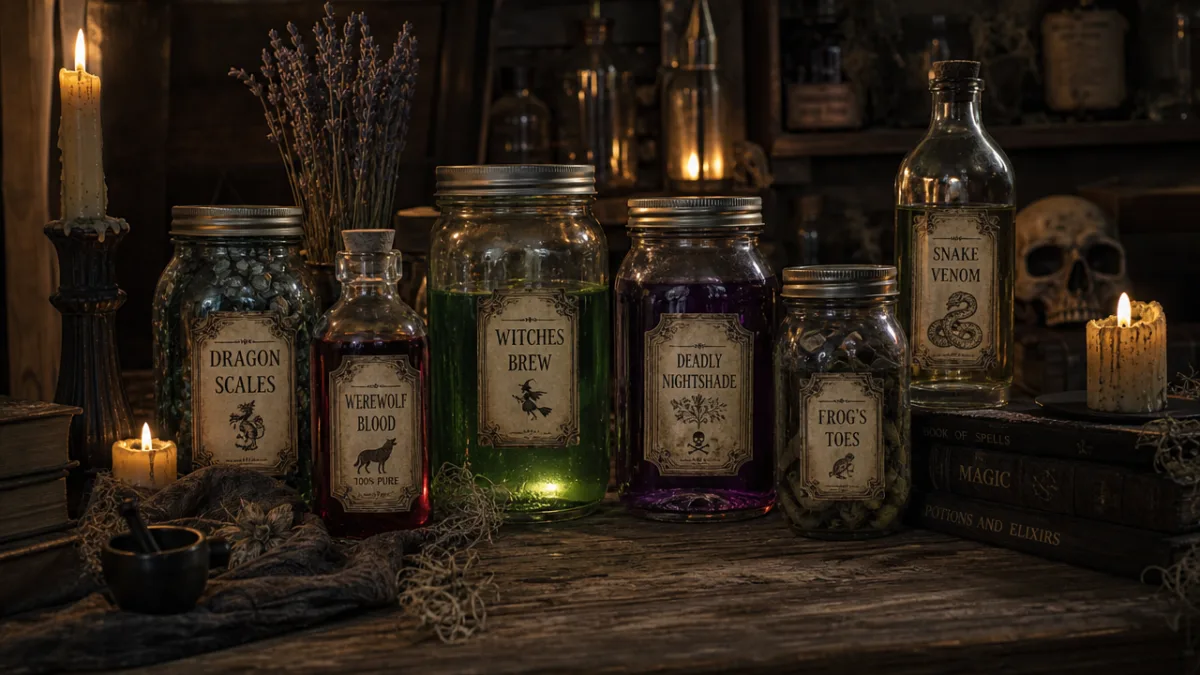 a rustic wooden table with Halloween apothecary mason jars filled with potions…