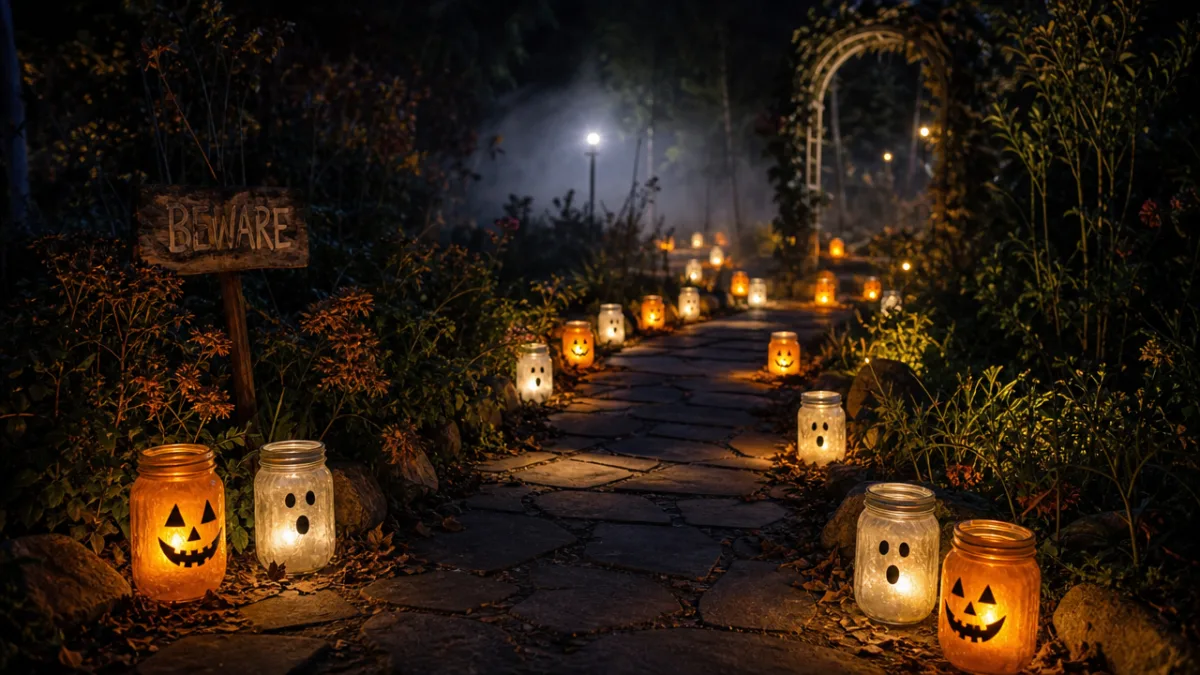 a winding garden pathway lined with glowing orange and white Halloween mason…