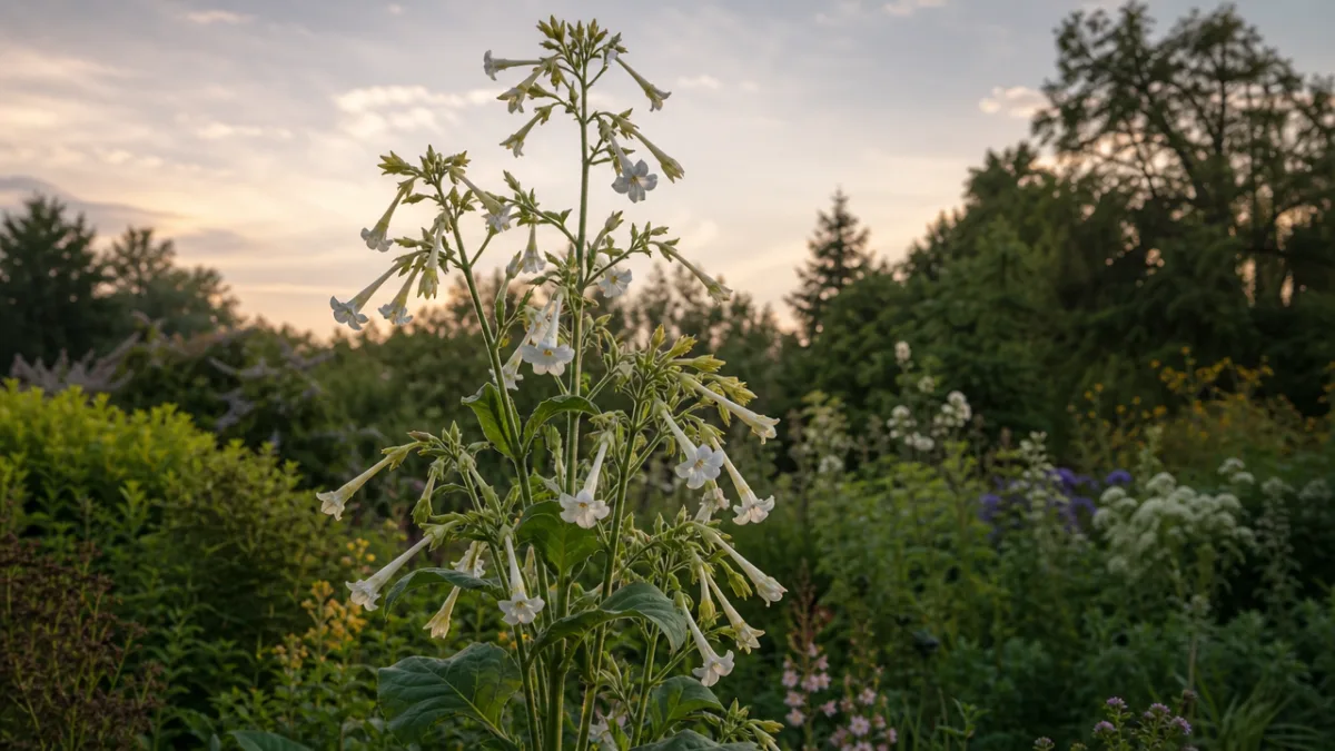 a tall Nicotiana sylvestris plant with white tubular flowers in soft evening…