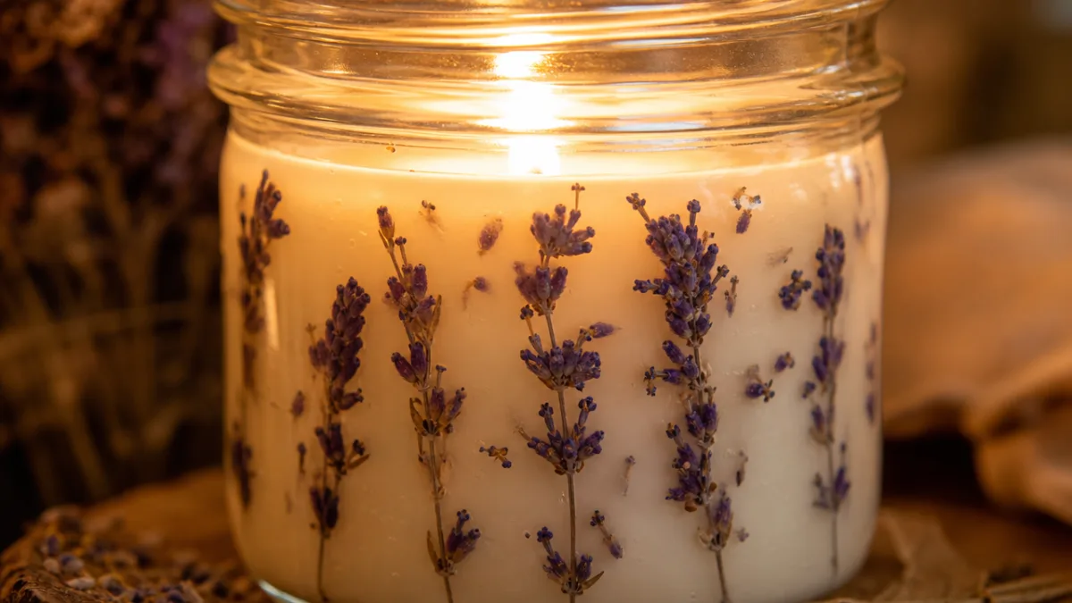 close-up of a glass jar candle with pressed purple lavender flowers embedded…
