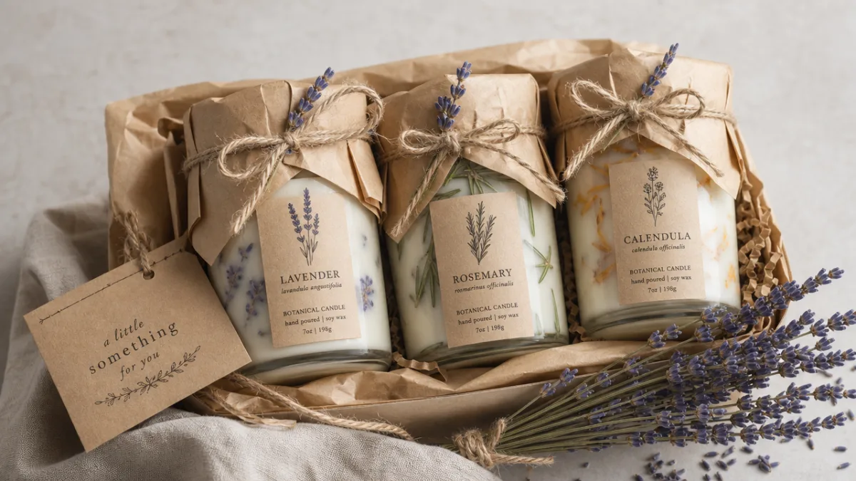 a styled gift arrangement of three botanical candles wrapped in kraft paper…