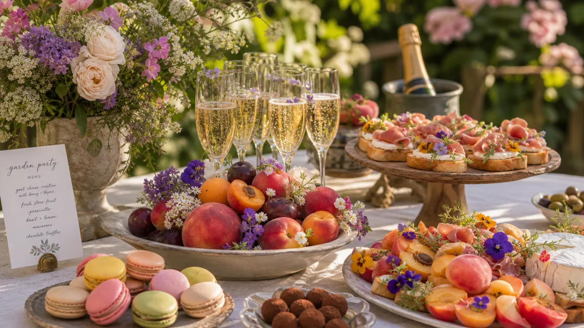 a styled garden party food table with stone fruit, edible flowers, and…