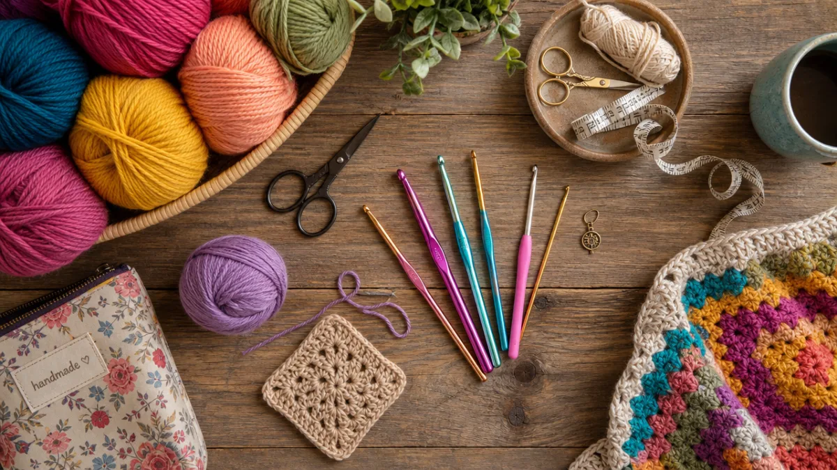 a flat lay of colorful yarn skeins, crochet hooks, and crafting tools…