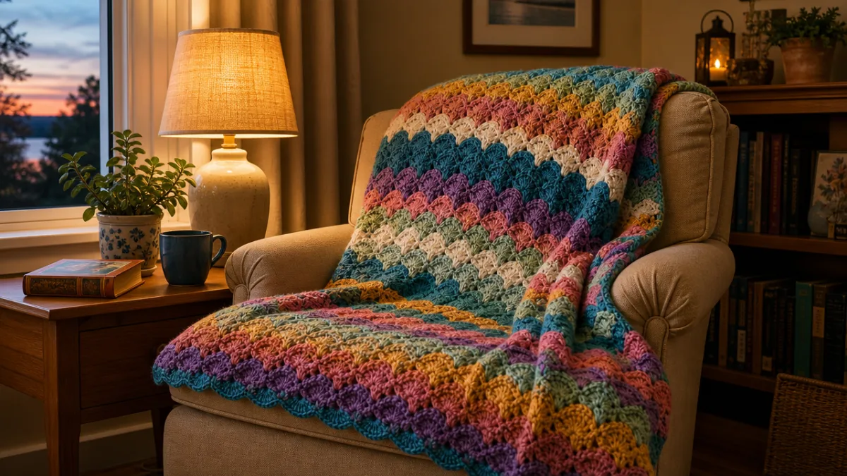 a finished colorful crochet shells blanket draped over a cozy armchair beside…
