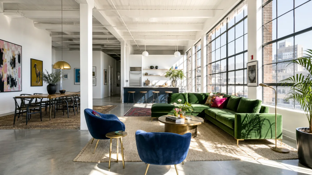 a sun-drenched open-plan loft with white walls, jewel-toned accents, and polished concrete…