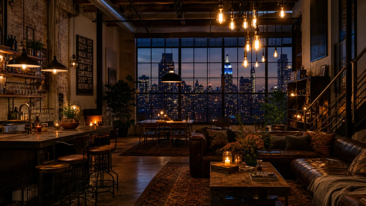 a dramatic loft interior at dusk with layered pendant lighting, Edison bulbs…