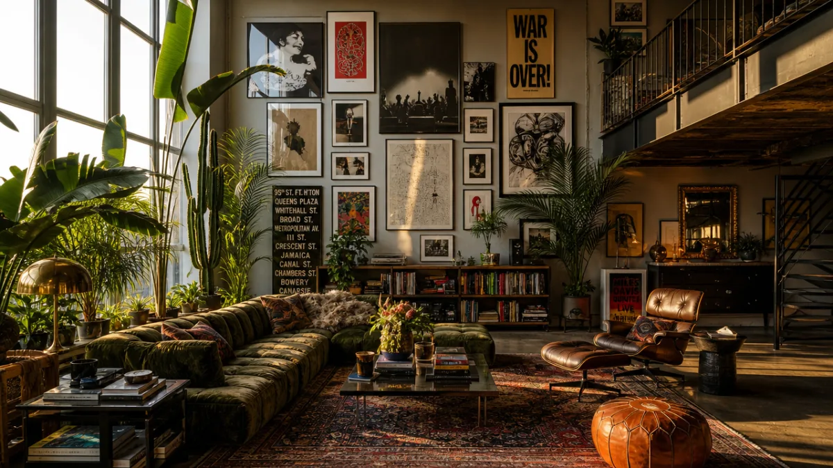 a richly personalized loft living area with floor-to-ceiling gallery wall, layered textiles,…