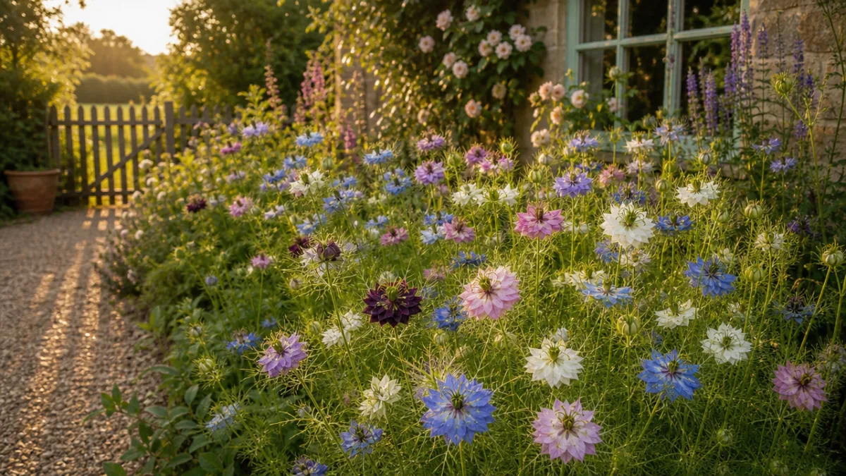 a sunlit cottage garden bed filled with Nigella damascena in mixed colours,…
