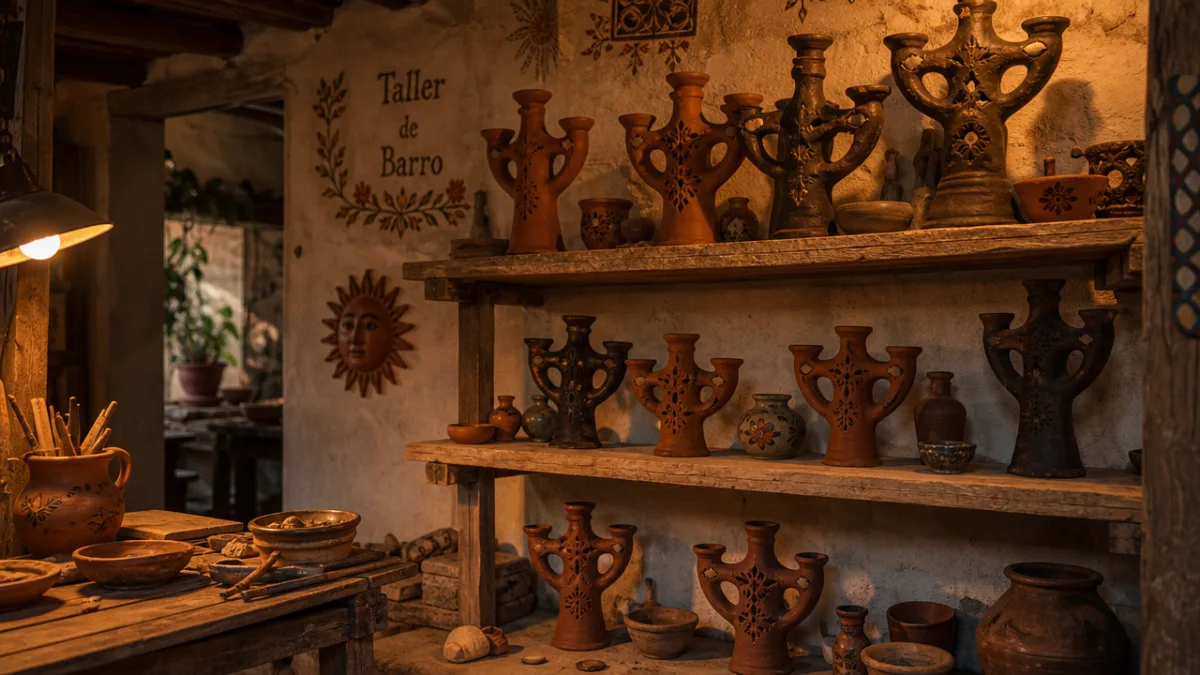 a rustic Mexican pottery workshop with clay candelabras on wooden shelves, warm…