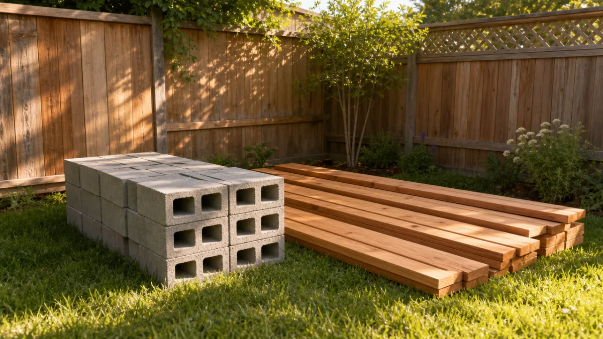 a sunlit backyard corner with concrete blocks and cedar wood planks laid…