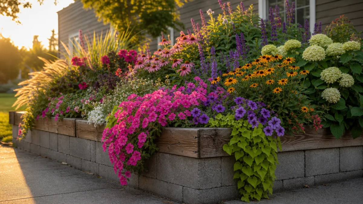 a lush corner flower bed with colorful blooms spilling over a wood-capped…