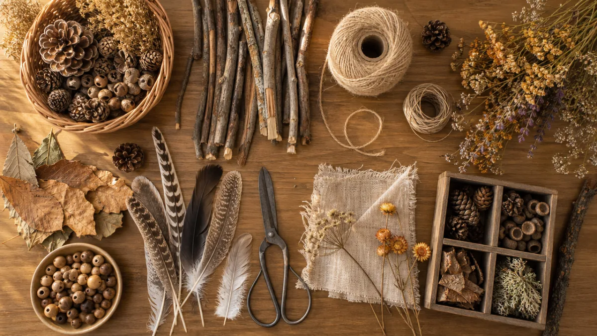 an overhead flat lay of natural craft materials including sticks, pine cones,…