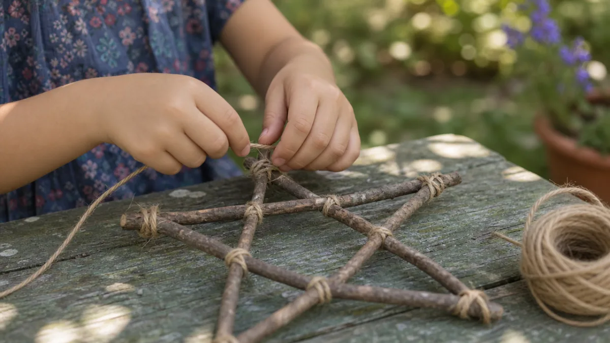 a child's hands carefully tying natural twine around two sticks forming a…