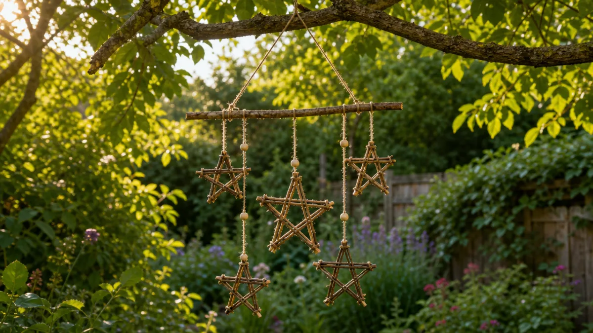 a finished stick star mobile hanging outdoors from a tree branch, surrounding…