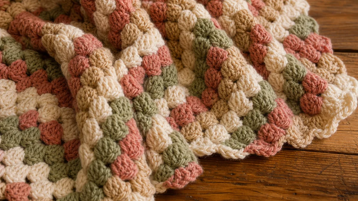 a close-up of a textured crochet blanket with puff stitches, soft warm…