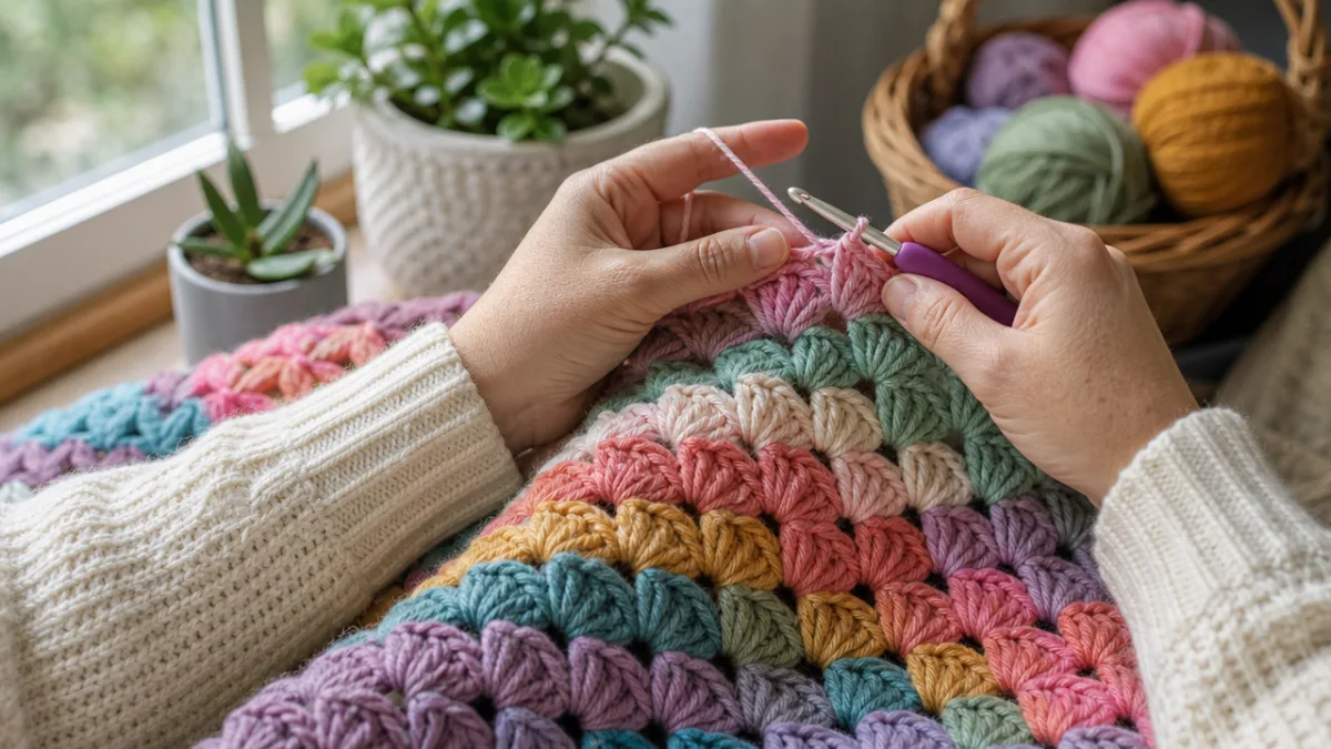 a crocheter's hands working on a colorful puff shell blanket, soft natural…