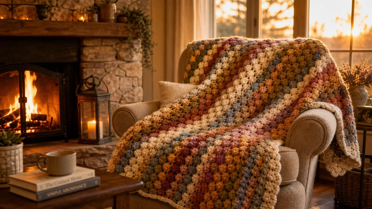 a finished puff shell crochet blanket draped over a cozy armchair beside…