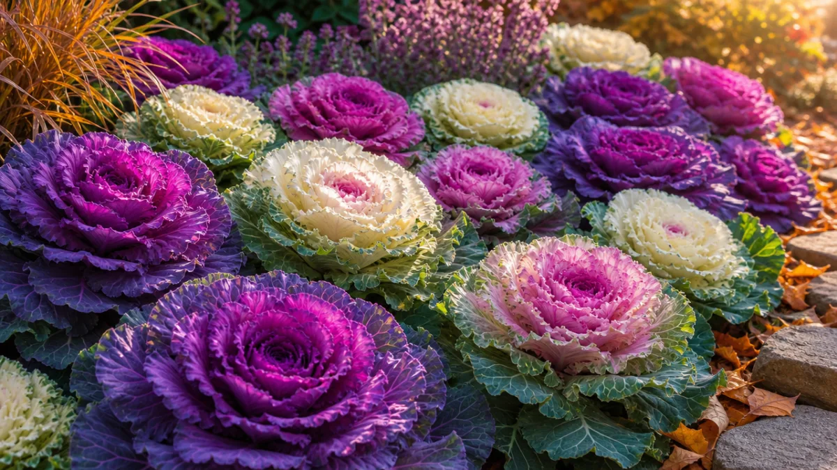 a vibrant garden bed of ornamental cabbage in purple pink and white…