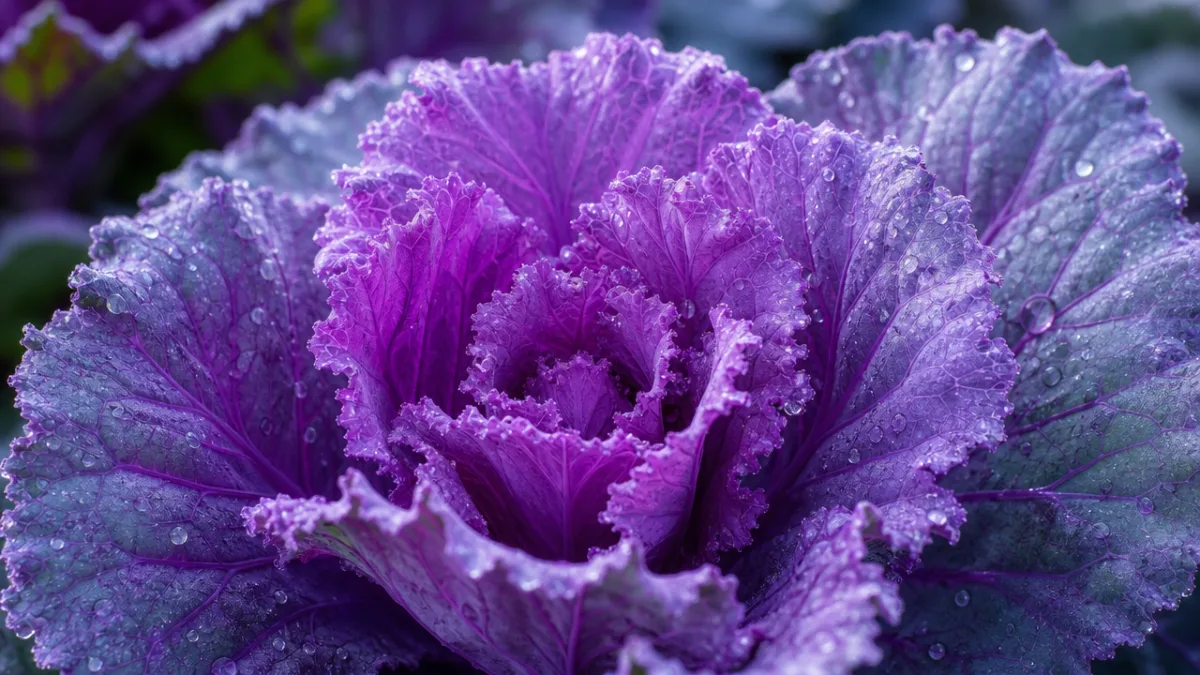close-up of rich purple ornamental cabbage leaves with dew drops, cool misty…