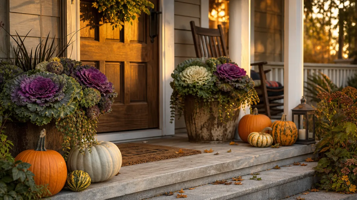 a rustic front porch with ornamental cabbage containers beside pumpkins, warm golden…