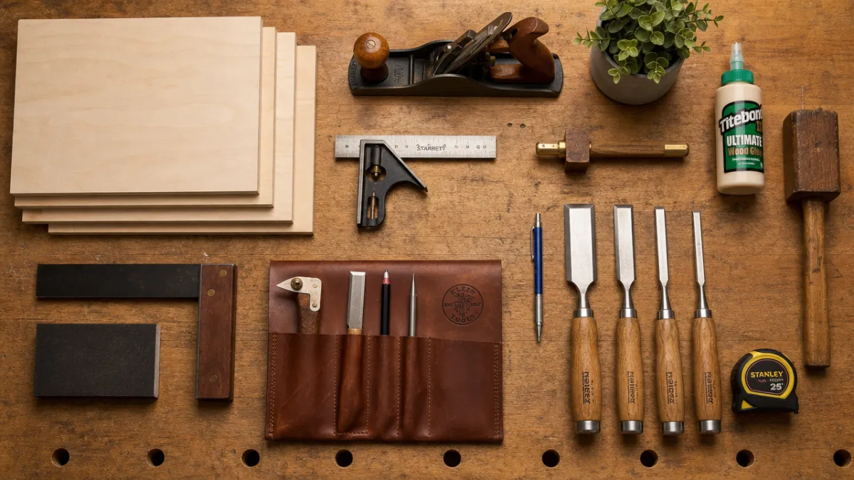 a neatly arranged flat lay of woodworking tools and plywood pieces on…