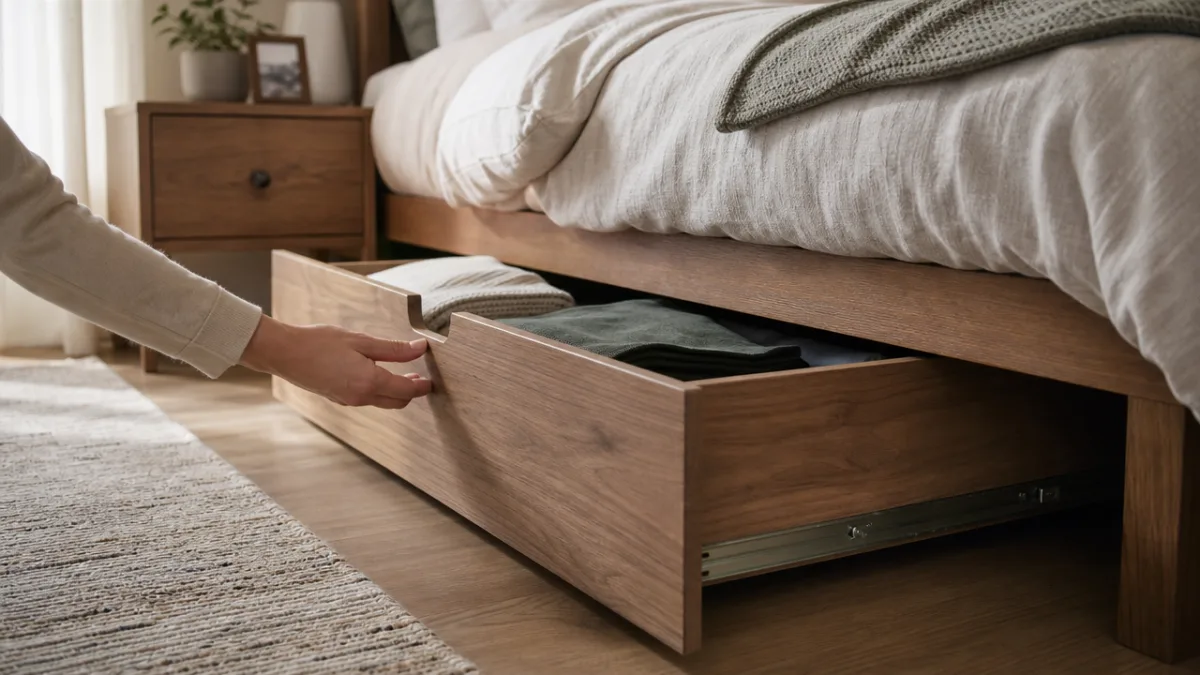 a finished wooden under-bed drawer being pulled out from beneath a bed,…