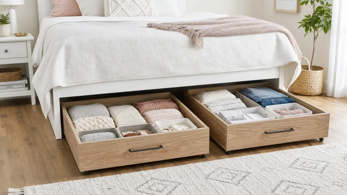 two matching wooden storage drawers organized with folded clothes and bins under…