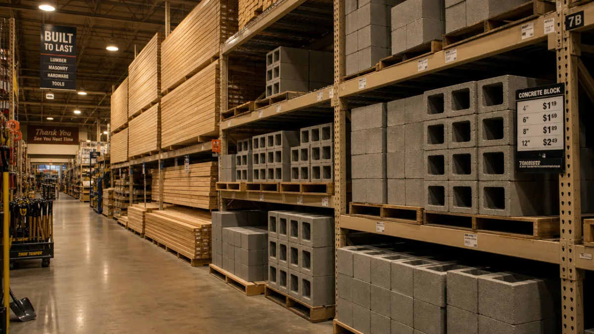a hardware store aisle stacked with grey cinder blocks and wooden planks,…