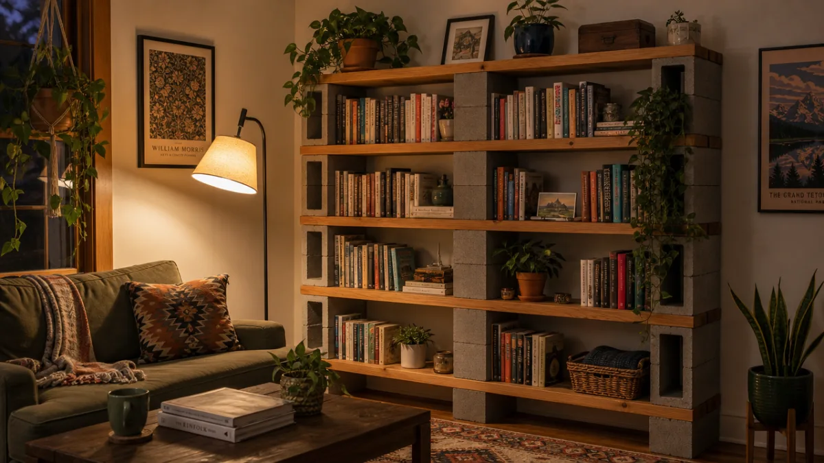 a cozy living room with a freshly built cinder block and wood…