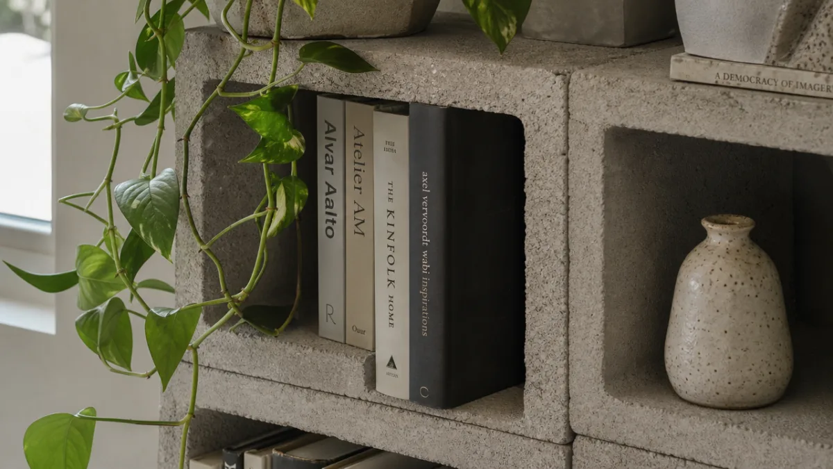 a close-up detail shot of a styled cinder block shelf with books,…