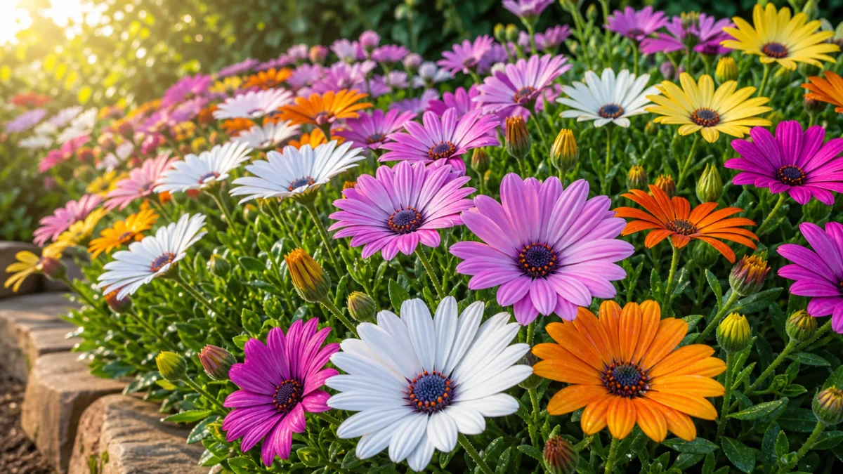 a vibrant garden bed filled with multicolored African daisies in full bloom,…