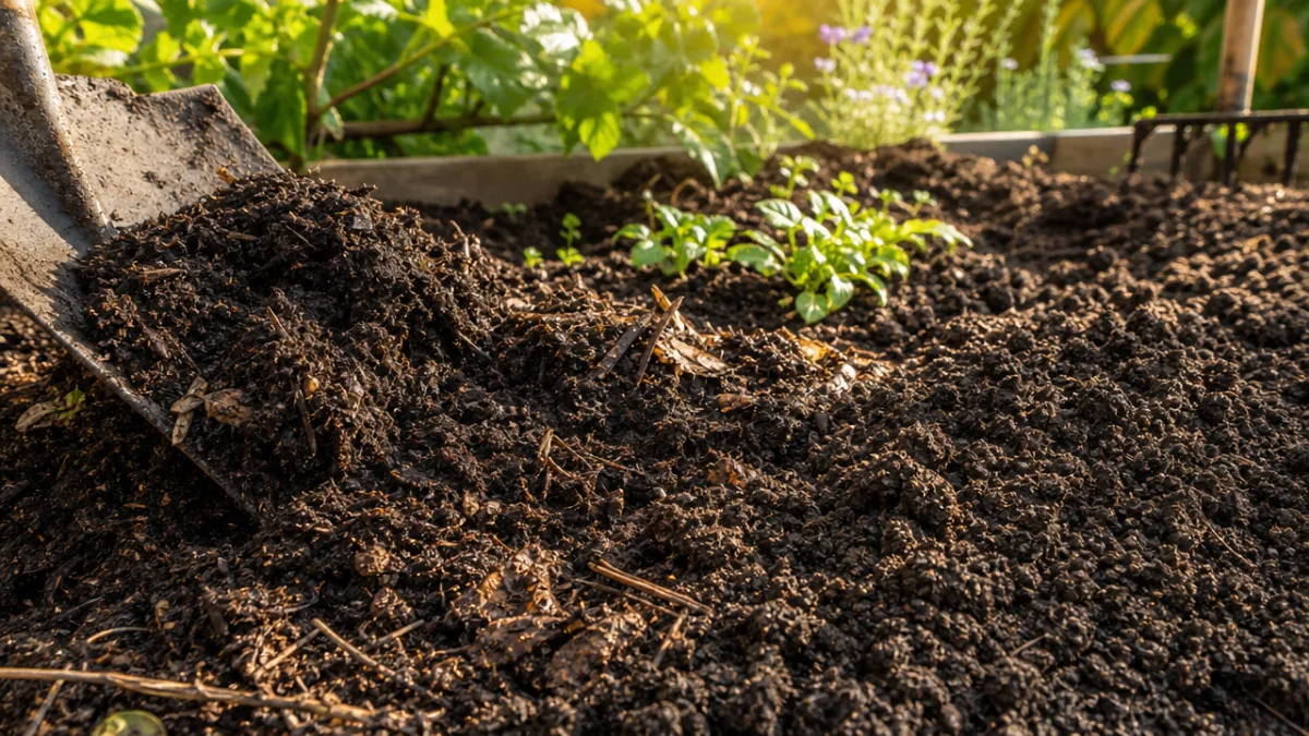 rich garden soil being prepared with compost in warm afternoon sunlight, close-up…