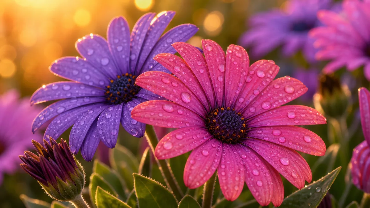close-up of healthy African daisy blooms with dew drops, soft golden hour…