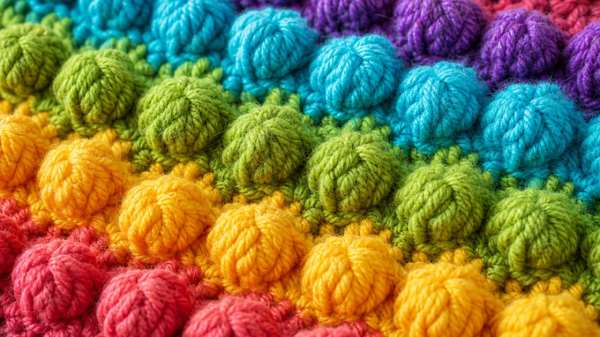 a close-up of colorful crochet bobble stitch fabric with bright studio lighting…