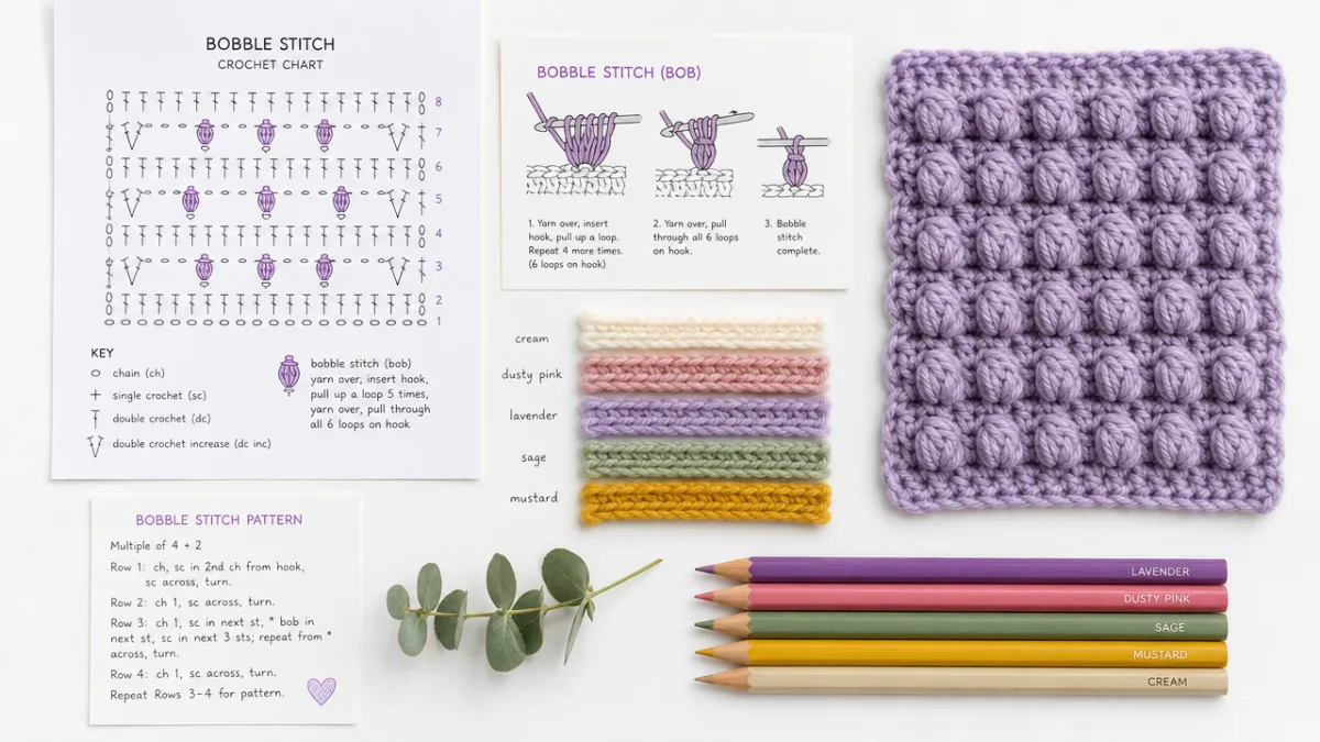 a neatly arranged flat lay of crochet charts, colored pencils, yarn samples,…