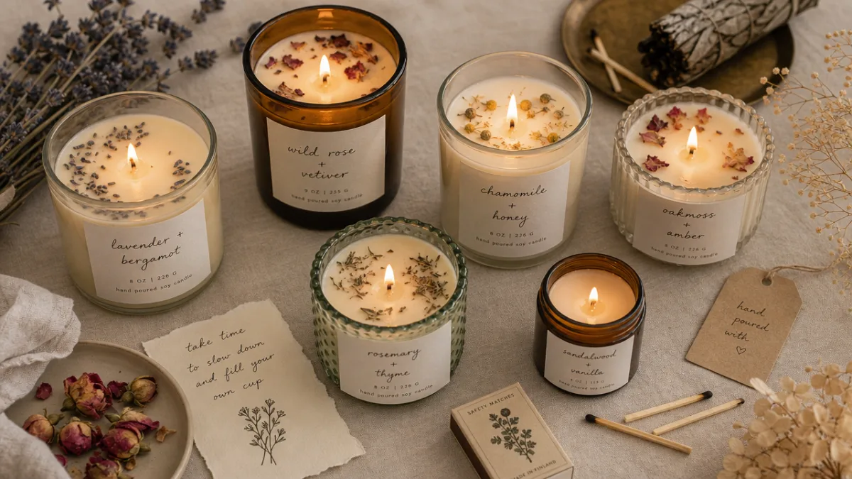 a flat lay of artisan candles in various glass vessels with handwritten…