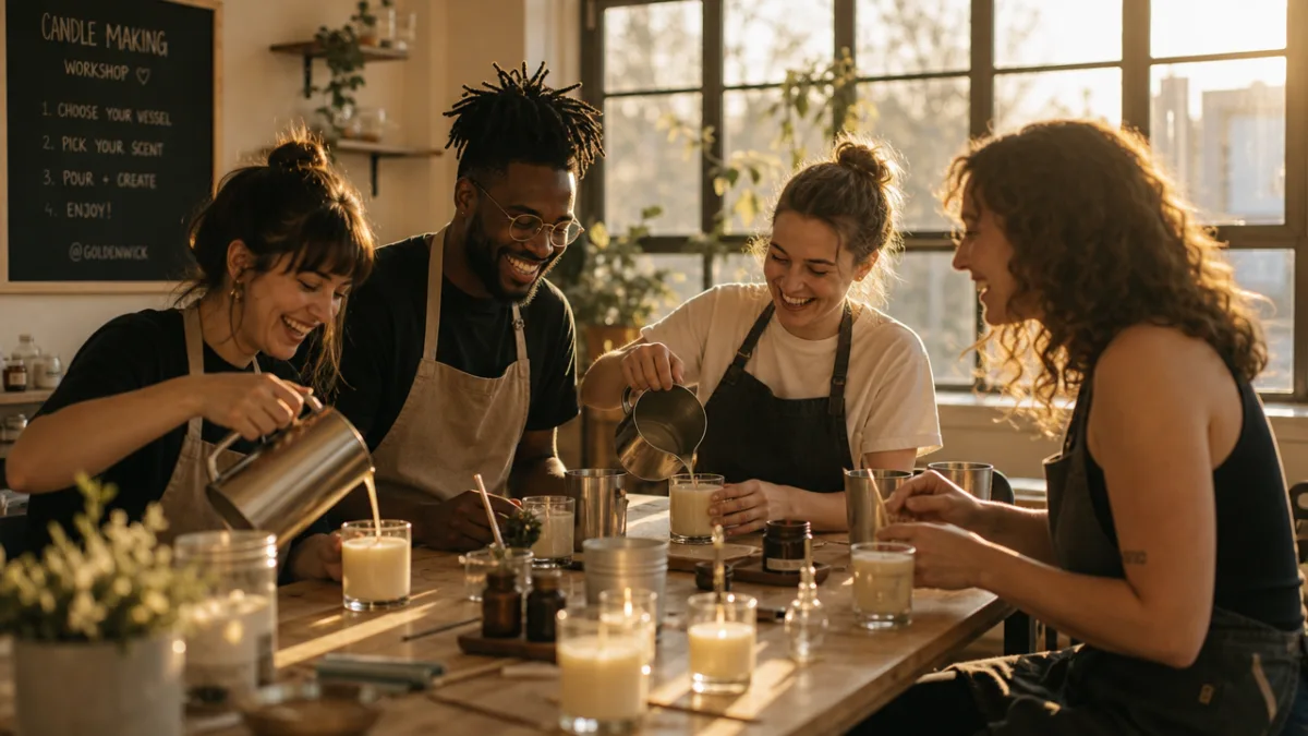a small group of people laughing and pouring candles together at a…