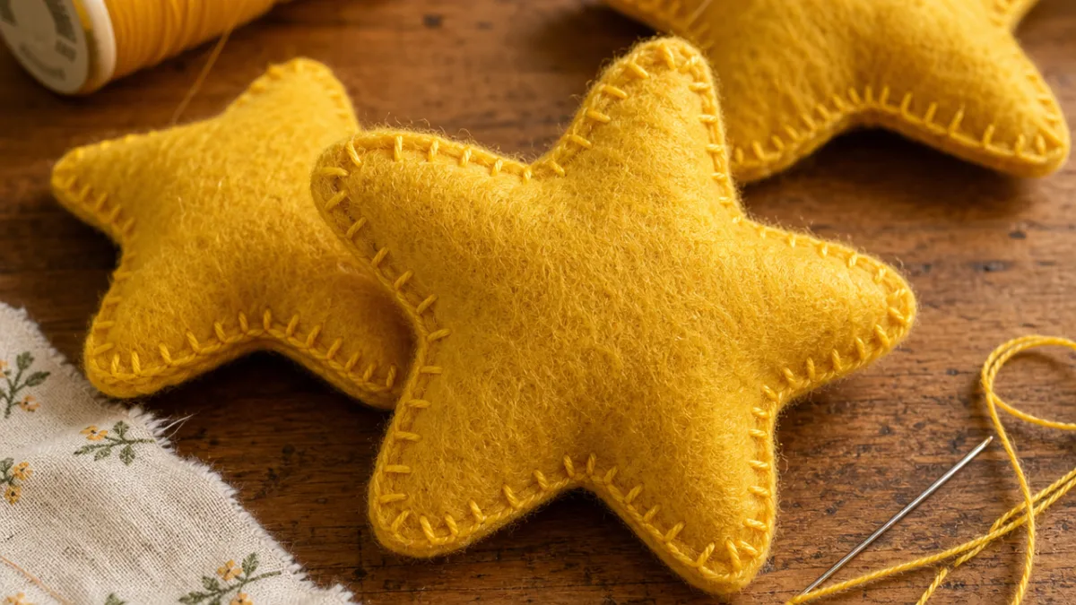 close-up of soft wool felt yellow stars sewn by hand on a…