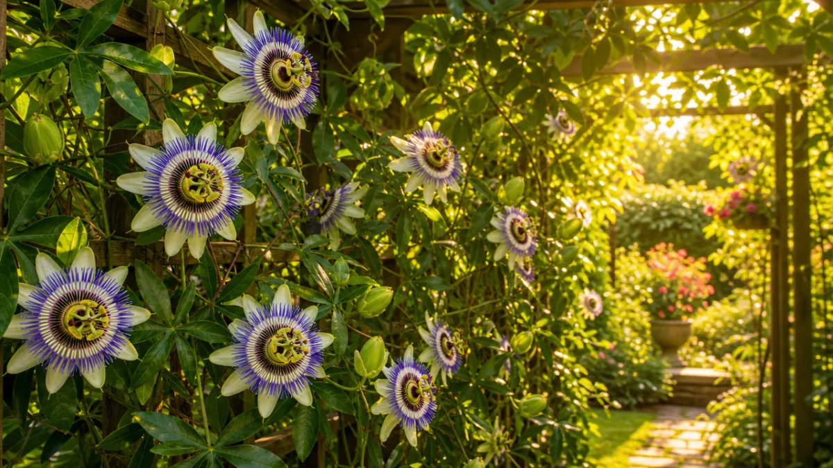 a lush garden trellis covered in blooming passionflower vines, warm golden afternoon…