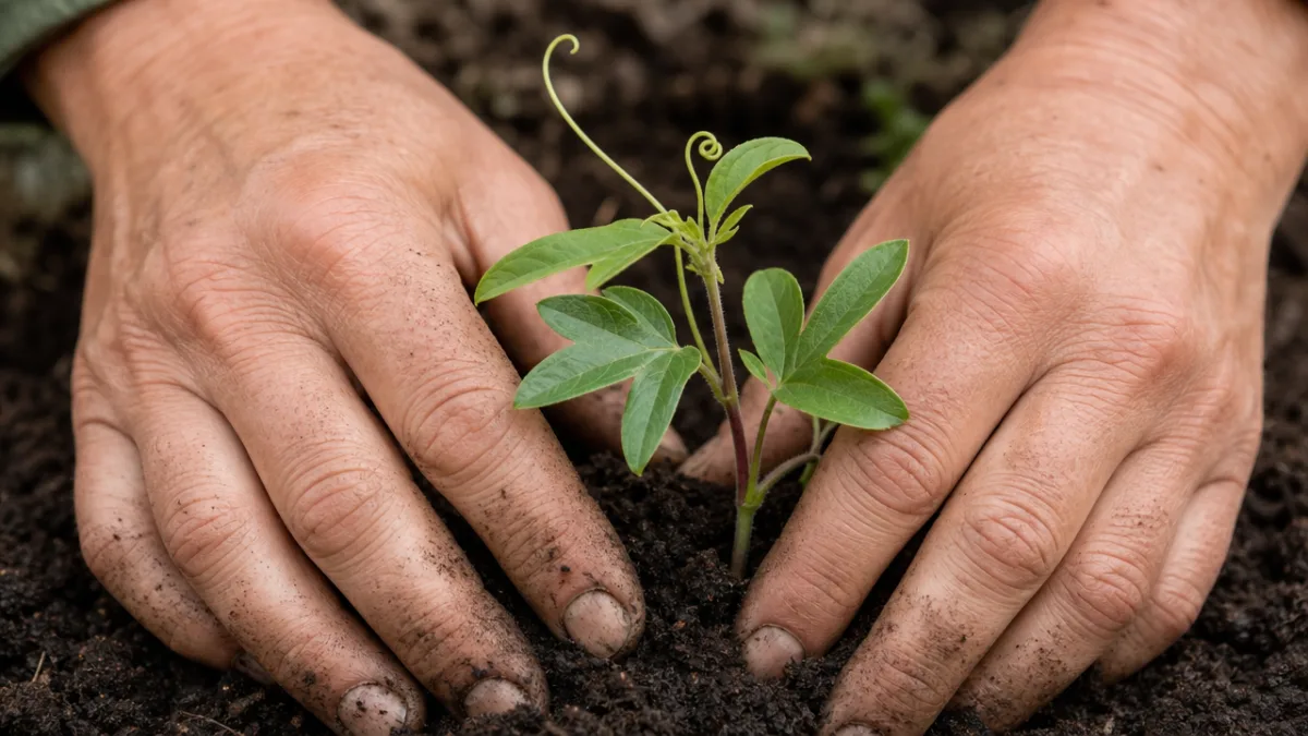 close-up of a gardener's hands gently pressing a passionflower seedling into rich…