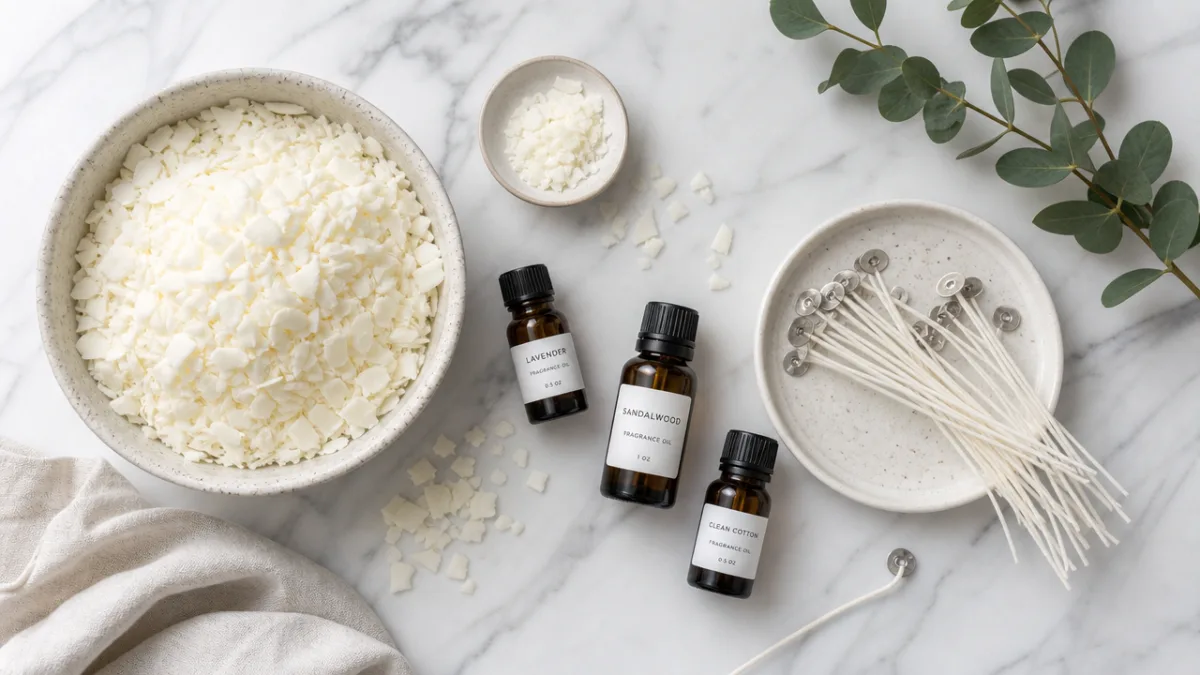an overhead flat lay of soy wax flakes, fragrance oil bottles, and…