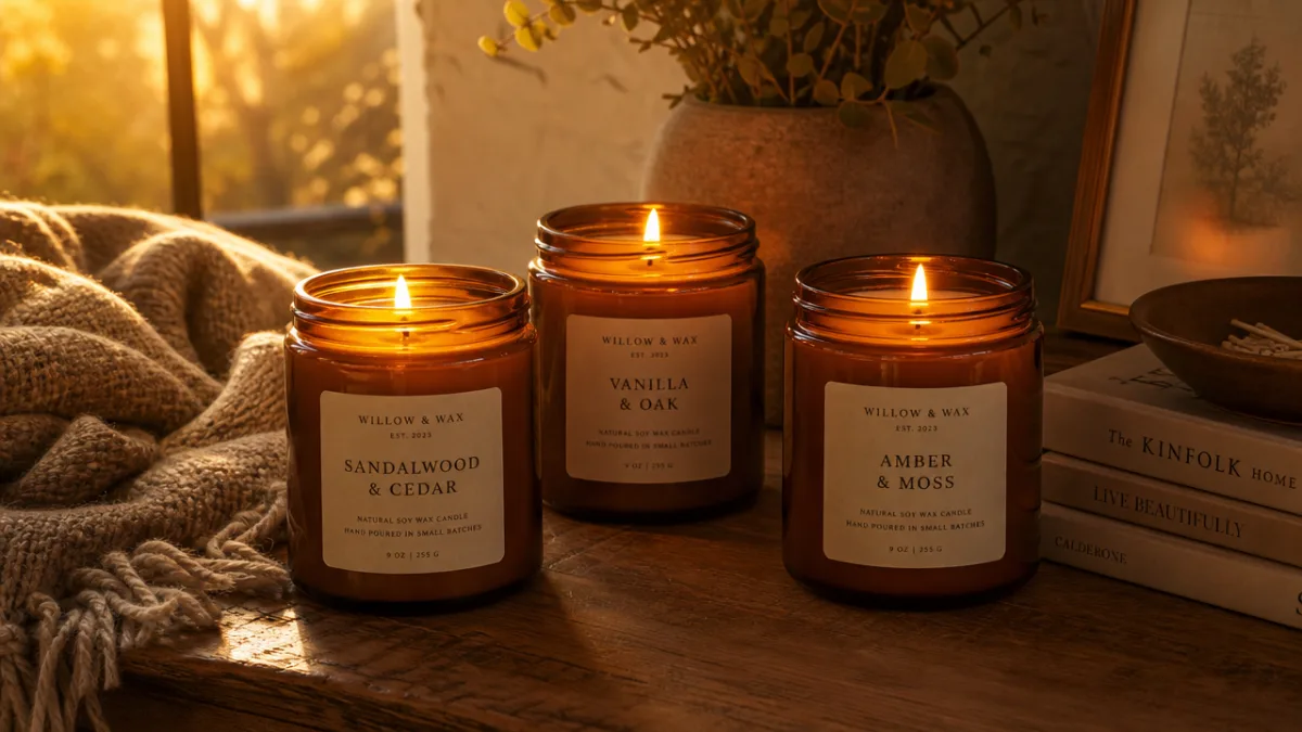 a cozy candlelit scene with three glowing soy candles in amber glass…