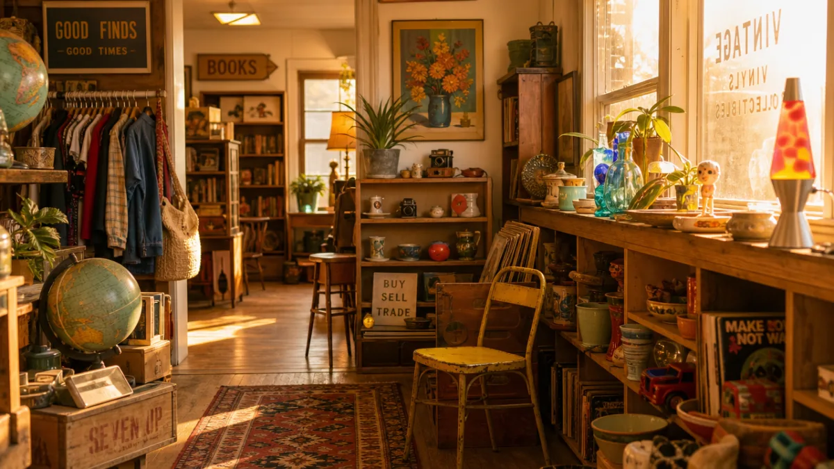a warmly lit thrift store interior with colorful vintage items arranged on…