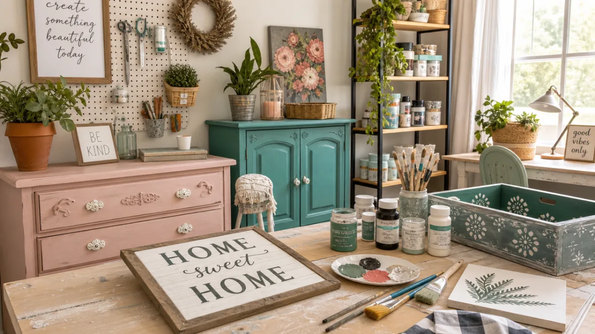 a bright craft workspace with painted furniture, art supplies, and DIY home…