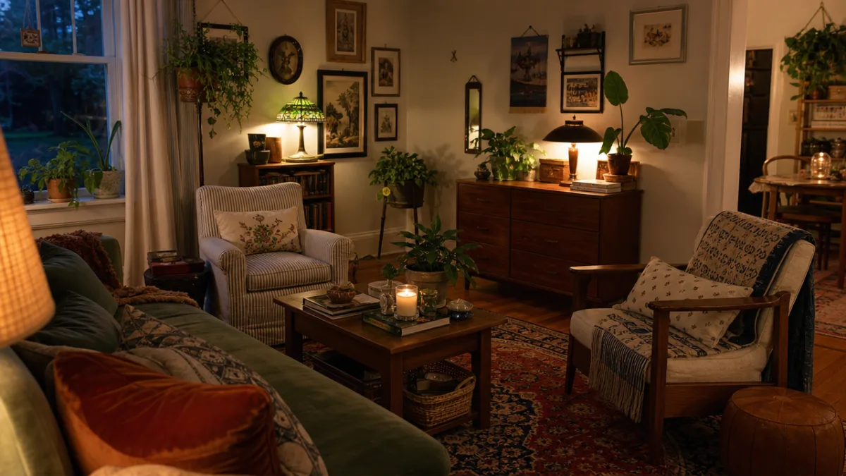 a cozy living room with rearranged thrifted furniture, layered textiles, and potted…