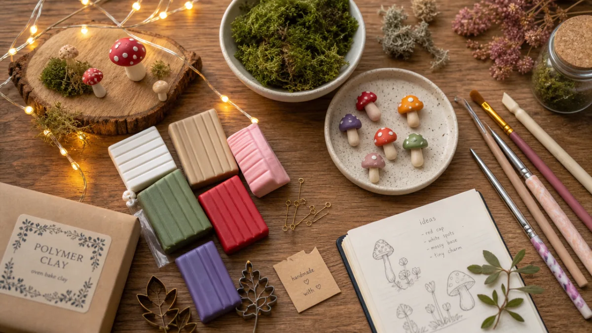 a flat lay of craft supplies including polymer clay, fairy lights, moss,…
