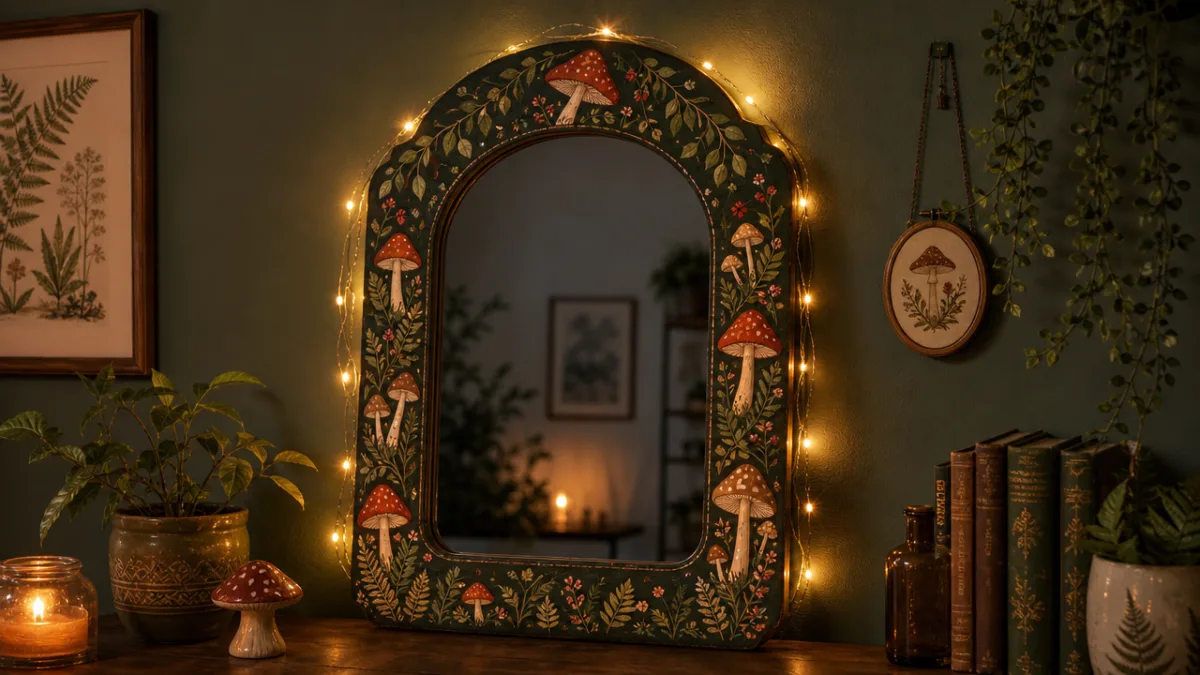 a decorated mirror frame with hand-painted mushrooms and glowing warm fairy lights…