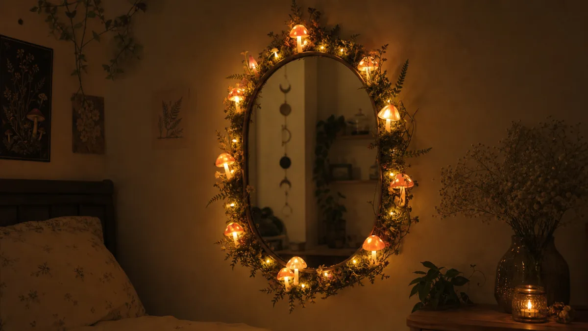 a finished mushroom fairy lights mirror hanging on a bedroom wall at…